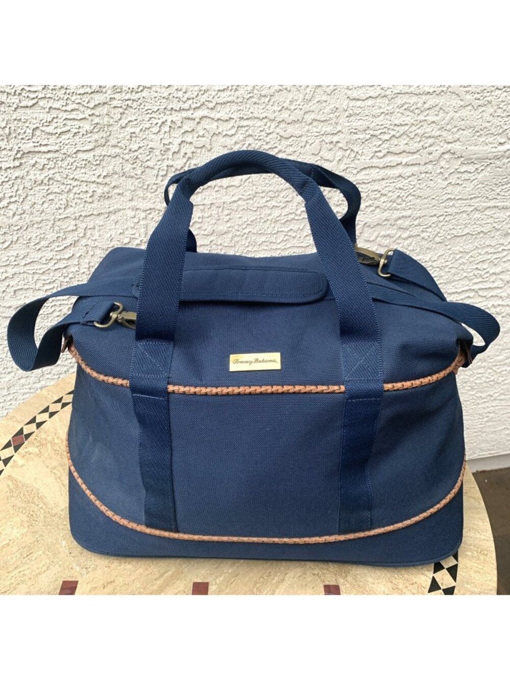 Tommy Bahama Mojito Blue Canvas Duffle Travel Bag Basketweave Trim Large